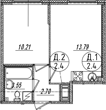 2Е-комнатная, 30.25 м²– 2