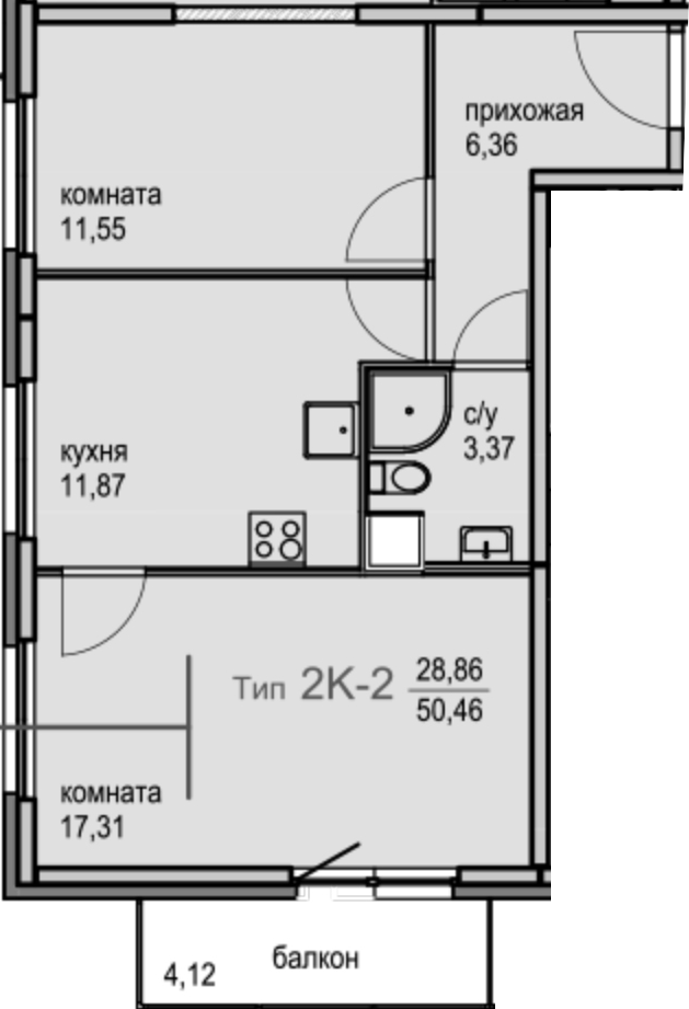 2-комнатная, 50.46 м²– 2