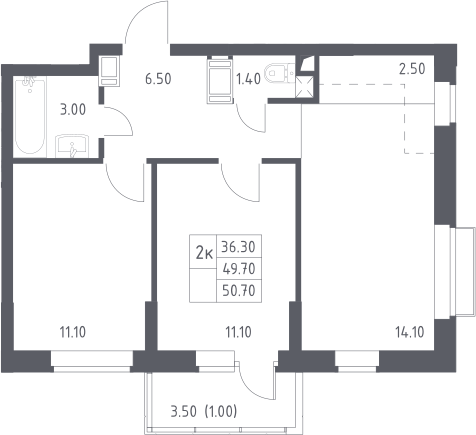 3Е-комнатная, 50.7 м²– 2