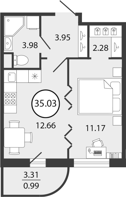 2Е-к.кв, 35.03 м², 1 этаж