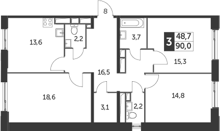 3-комнатная, 90 м²– 2