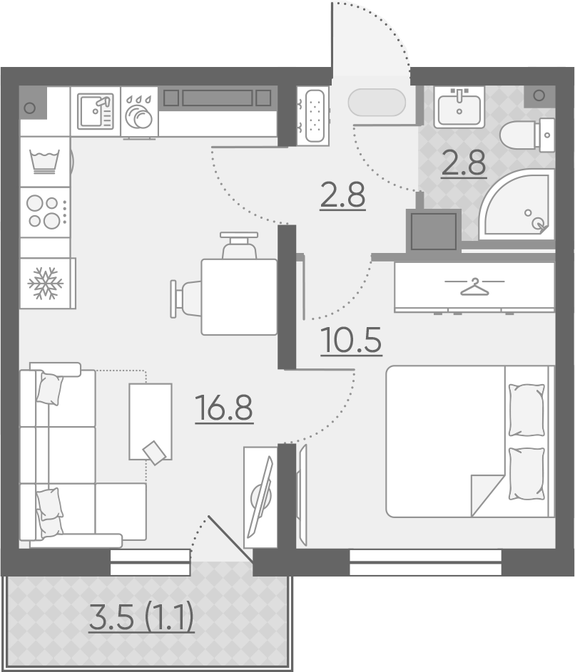 2Е-к.кв, 34 м², 11 этаж