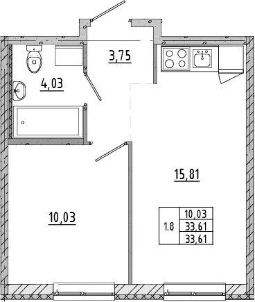 2Е-комнатная, 33.61 м²– 2
