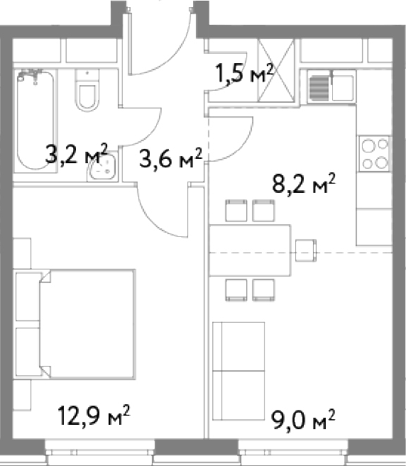 2Е-комнатная, 38.4 м²– 2