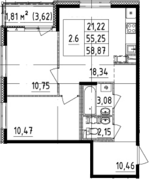 3Е-комнатная, 55.25 м²– 2