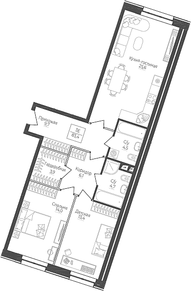 3Е-комнатная, 83.4 м²– 2