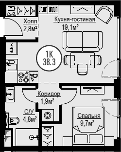 2Е-комнатная, 38.3 м²– 2