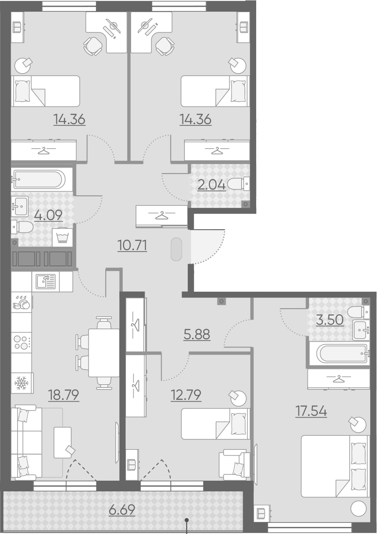 5Е-комнатная, 107.41 м²– 2
