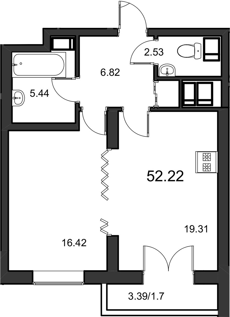 2Е-комнатная, 52.22 м²– 2