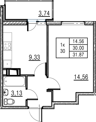1-комнатная, 29.3 м²– 2