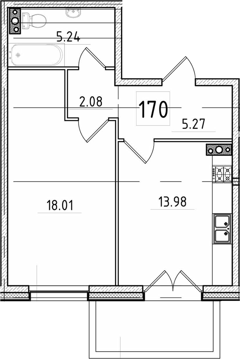 1-комнатная, 46.15 м²– 2