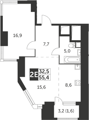 2Е-комнатная, 55.4 м²– 2