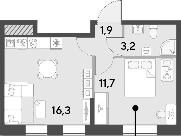 2Е-комнатная, 33.1 м²– 2