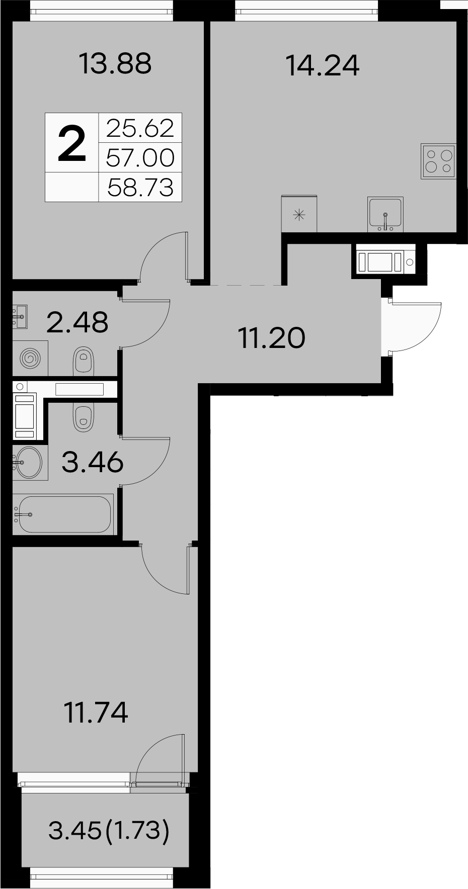 2-к.кв, 58.73 м²