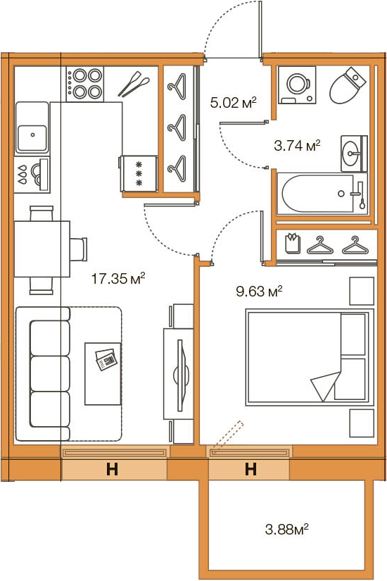 2Е-комнатная, 35.74 м²– 2