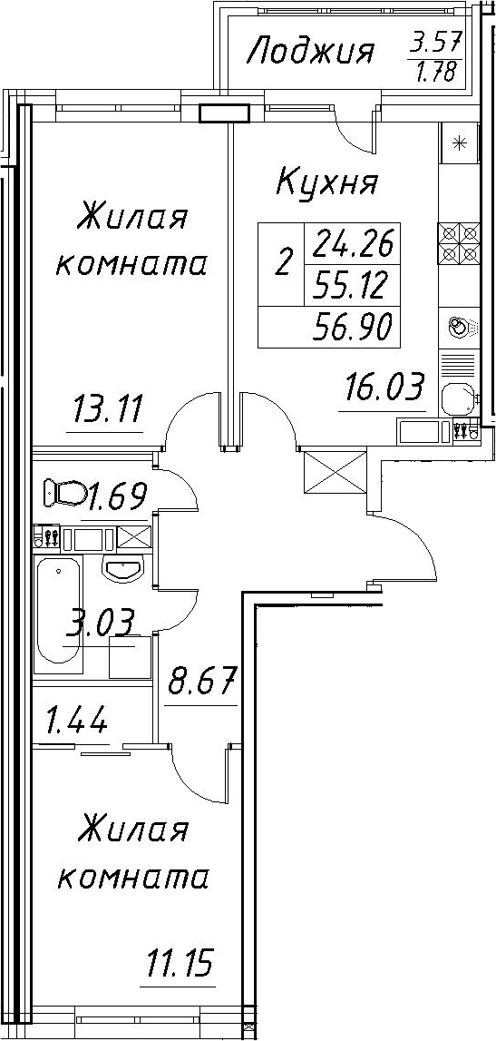 3Е-комнатная, 56.9 м²– 2