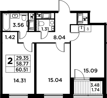 3Е-комнатная, 60.51 м²– 2