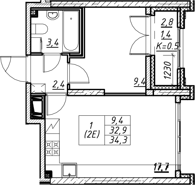 2Е-к.кв, 34.3 м², 23 этаж