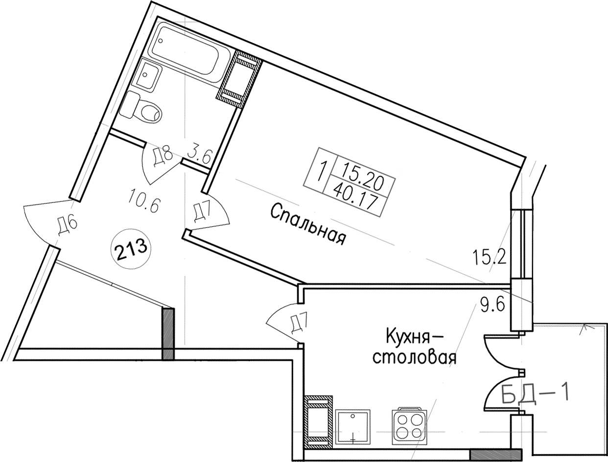 1-комнатная, 40.17 м²– 2