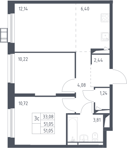 3Е-комнатная, 51.05 м²– 2