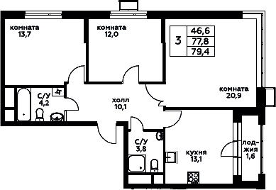 3-комнатная, 79.4 м²– 2