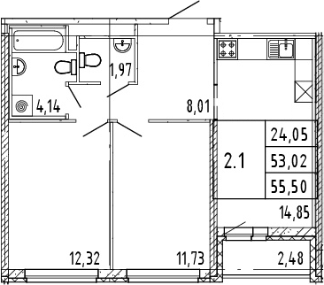 3Е-комнатная, 53.02 м²– 2
