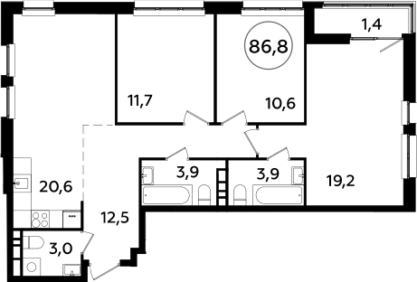 4Е-комнатная, 86.8 м²– 2