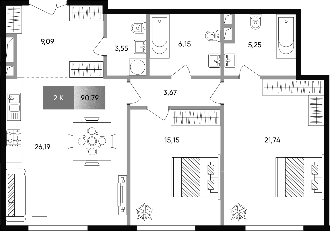 3Е-комнатная, 90.79 м²– 2