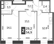 2-комнатная, 54.9 м²– 2