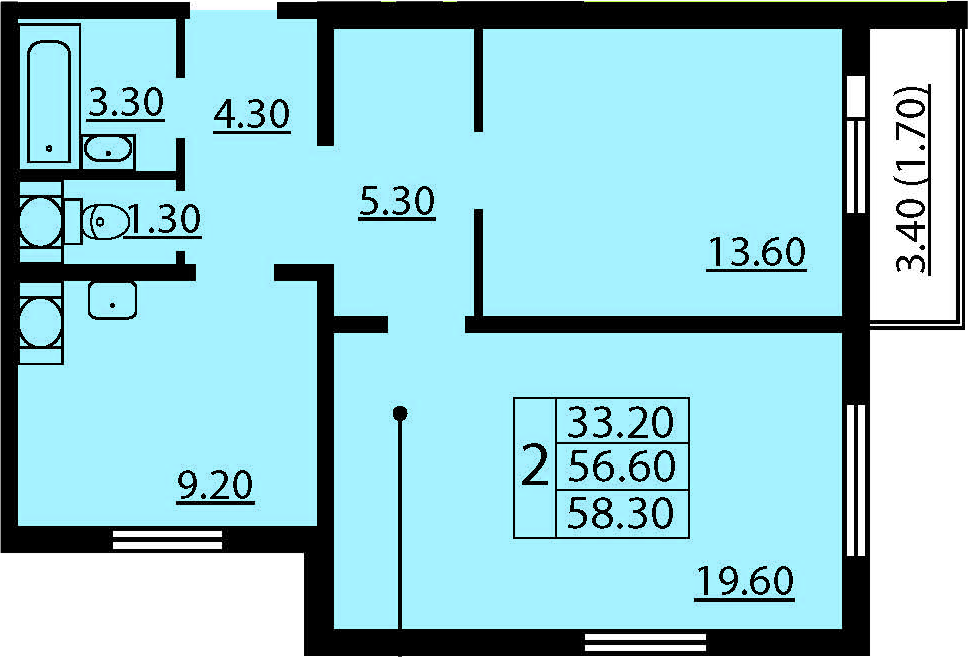 2-комнатная, 58.3 м²– 2