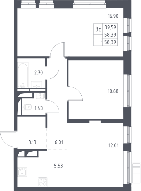 3Е-комнатная, 58.39 м²– 2