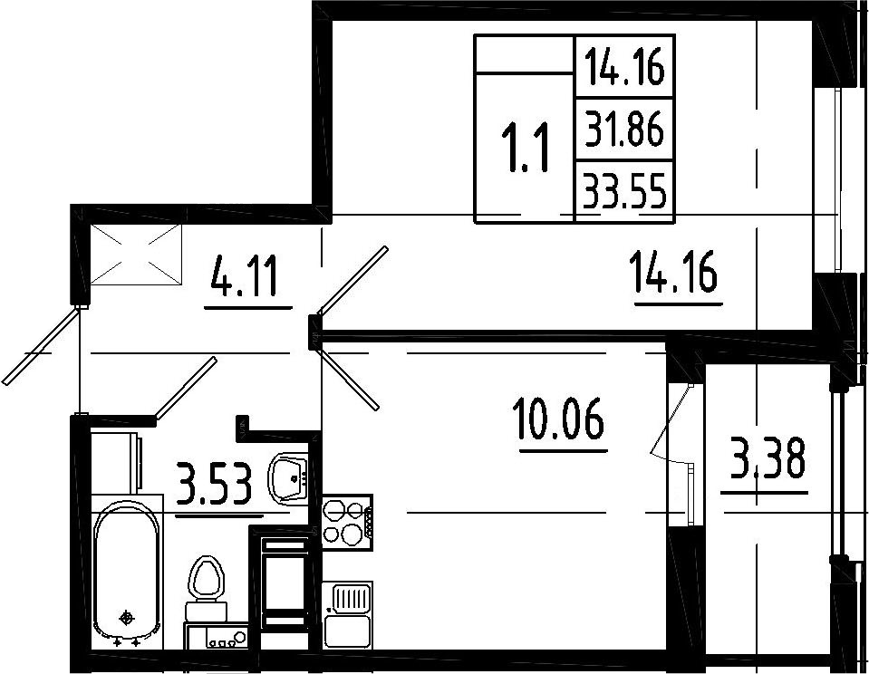 1-комнатная, 31.86 м²– 2