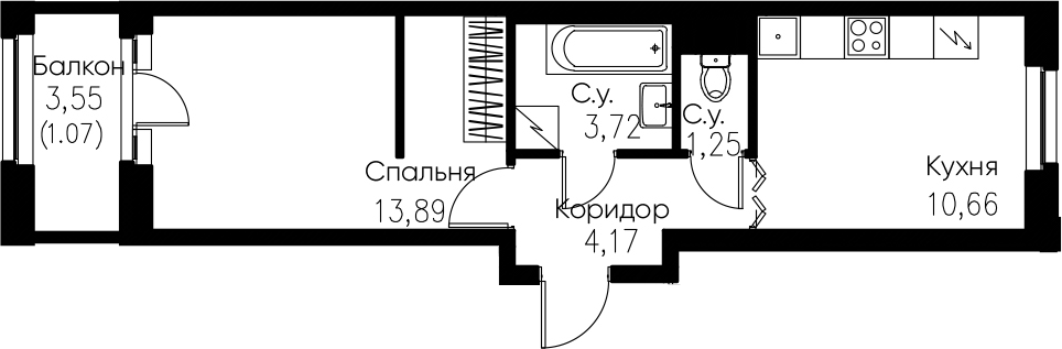 1-комнатная, 34.76 м²– 2