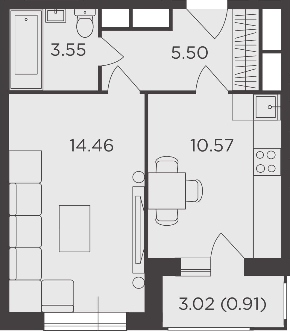 1-комнатная, 34.99 м²– 2