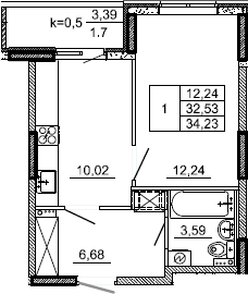 1-комнатная, 34.23 м²– 2
