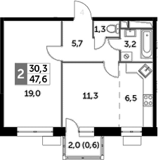 2Е-комнатная, 47.6 м²– 2