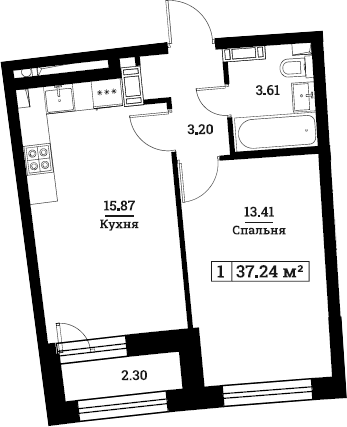 2Е-комнатная, 37.24 м²– 2