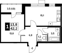 2Е-комнатная, 42.2 м²– 2