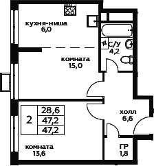 2Е-комнатная, 47.2 м²– 2