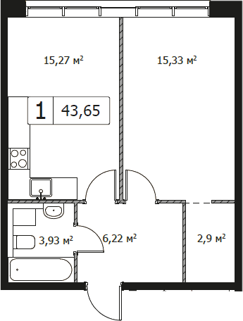 1-комнатная, 43.65 м²– 2