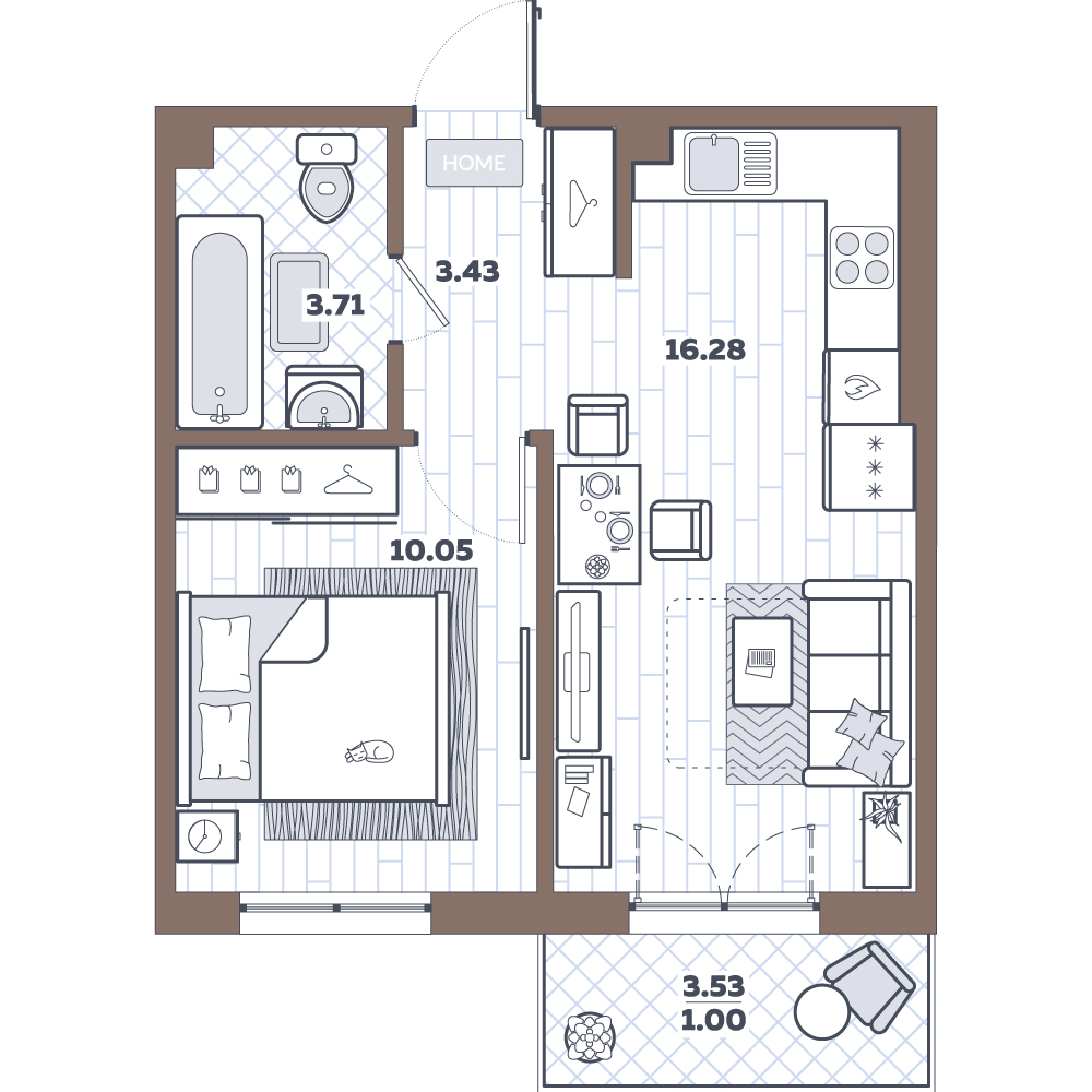 2Е-комнатная, 34.47 м²– 2