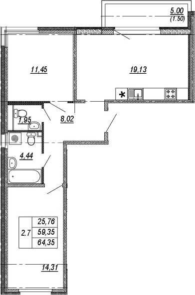 3Е-комнатная, 59.35 м²– 2