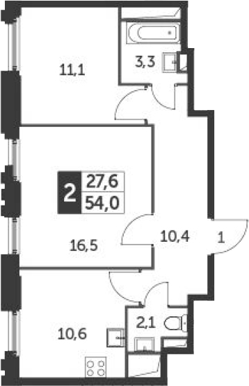 2-комнатная, 54 м²– 2