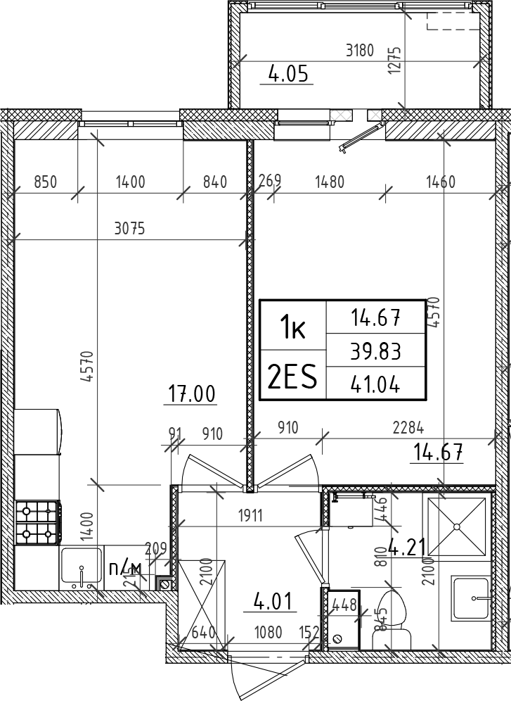 2Е-комнатная, 39.83 м²– 2