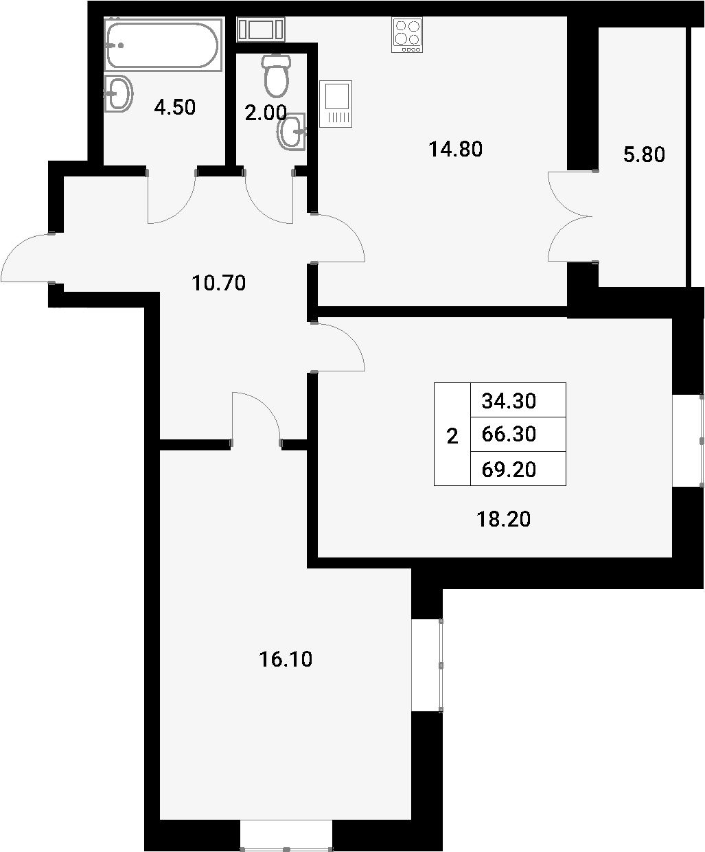 2-комнатная квартира, 69.2 м², 9 этаж – Планировка