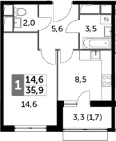 1-комнатная, 35.9 м²– 2
