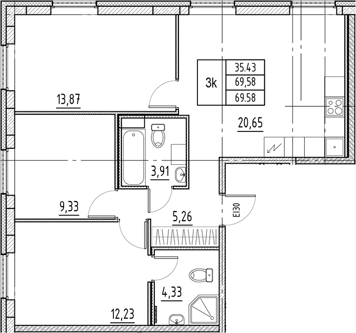 4Е-комнатная, 69.58 м²– 2