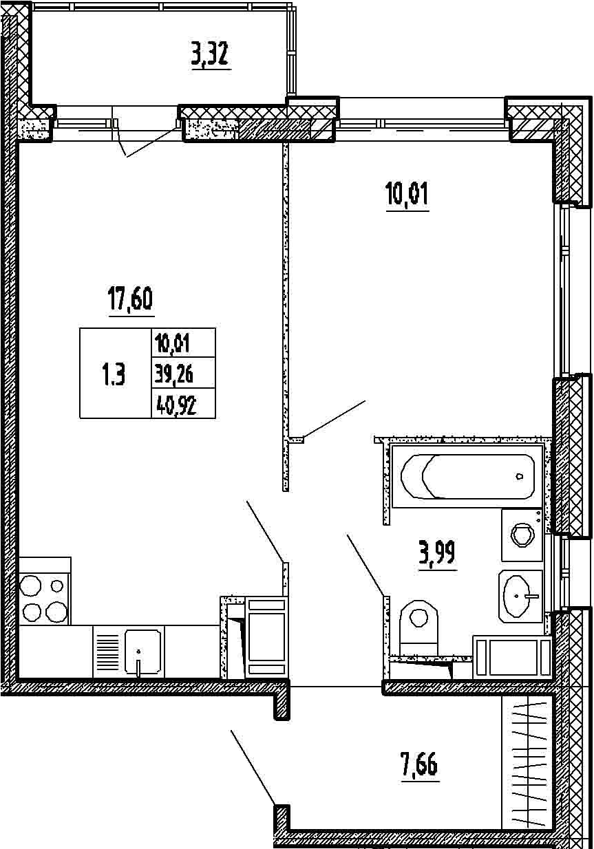 2Е-комнатная, 39.26 м²– 2