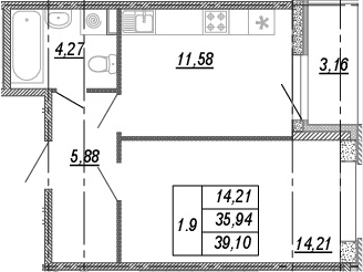 1-комнатная, 35.94 м²– 2