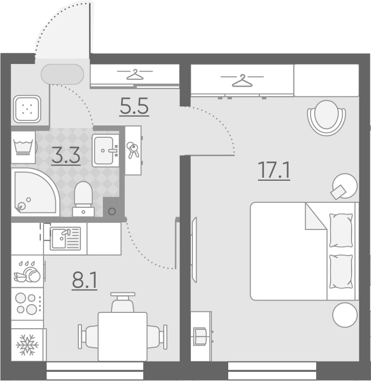 1-комнатная, 34 м²– 2